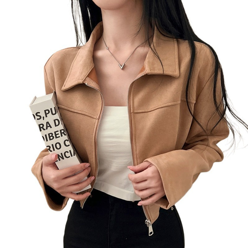 Retro Simple Pure Color Slimming Versatile Zipper Lapel Suede Fabric Jacket
