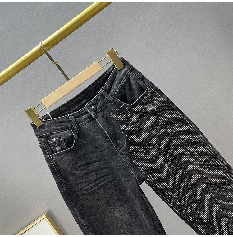 Loose Jeans Women's Cotton Elastic High Waist Slimming Hot Rhinestones