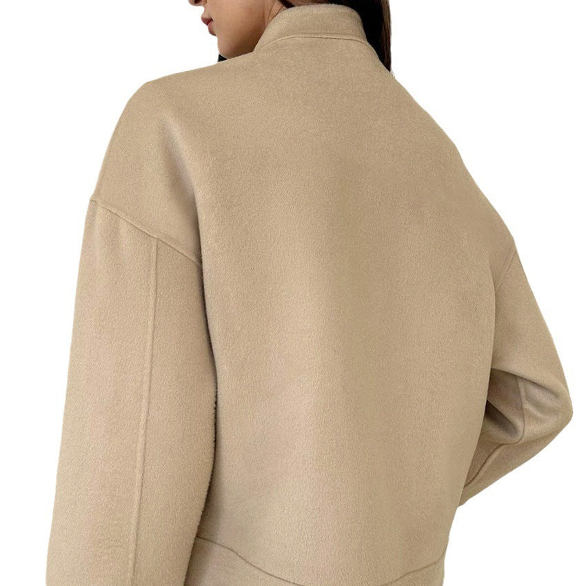Stand Collar Design Women Loose Autumn And Winter Woolen Coat