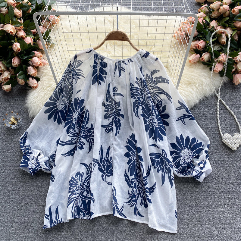 Ins Holiday Style Pullover Shirt Women Western Style Puff Sleeves