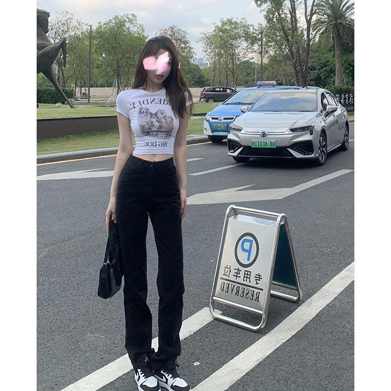 Black Straight Jeans Women's Trendy Summer New High Waist Thin Section