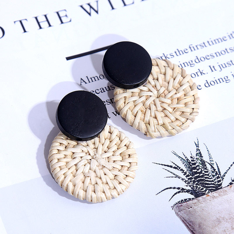 Women's Wooden Rattan Geometric Round Boho Earrings