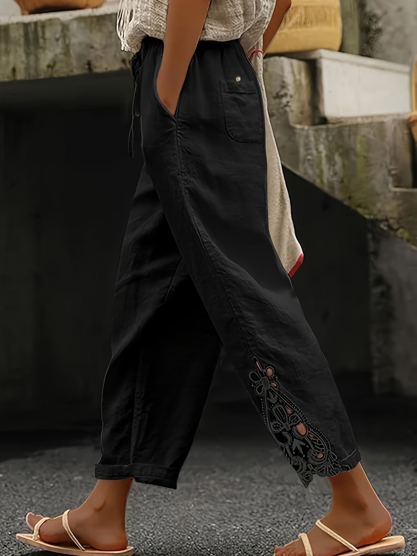 Women's Lace Stitching Drawstring Straight Casual Pants