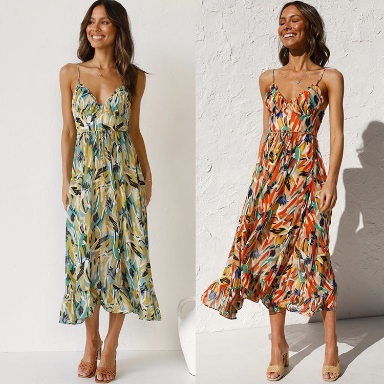 New Women's Printed Ruffle Sleeveless Dress