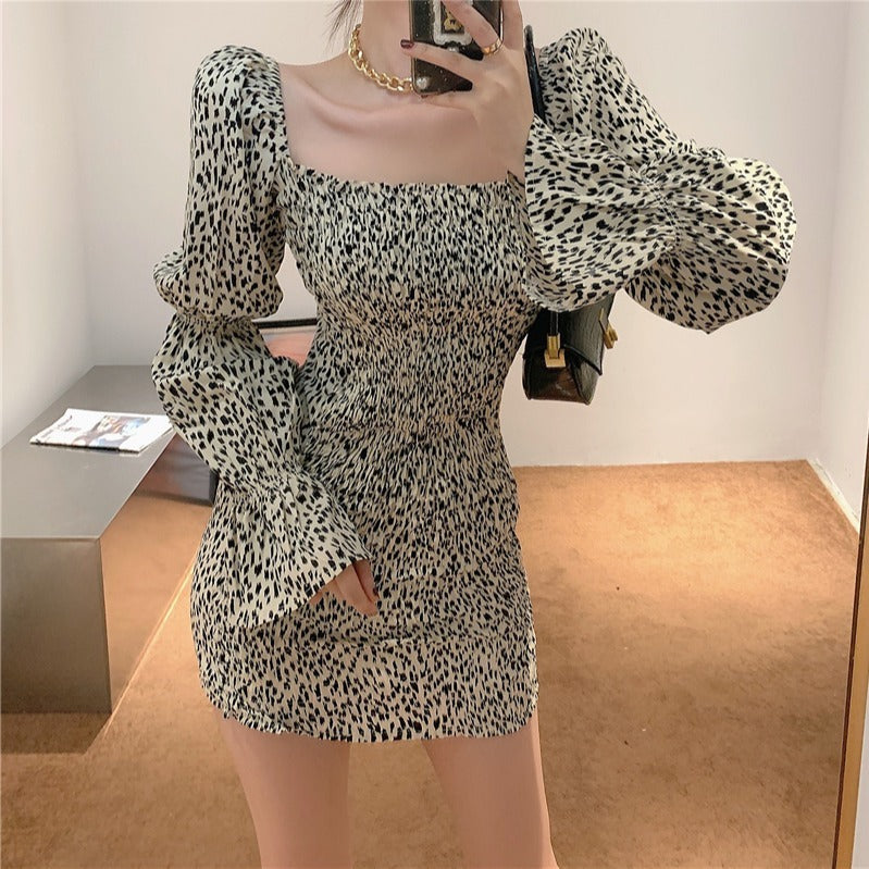 Retro Color Puff Sleeve Slim Fit Hip Dress Long Sleeve Bottoming Skirt