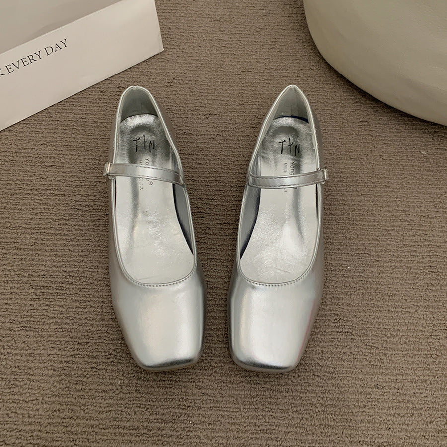 Vintage Silver French Thick Heel Mary Jane Shoes