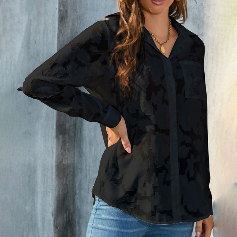 Womens Casual Sheer Button Down Shirts Long Sleeve V Neck Jacquard Blouses Tops