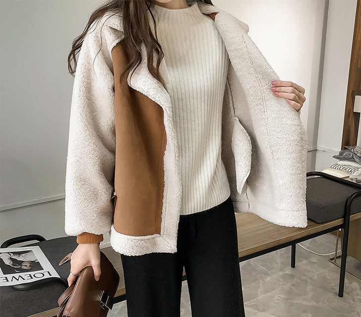 Suede Coat Women's Short Lambswool Motorcycle Clothing
