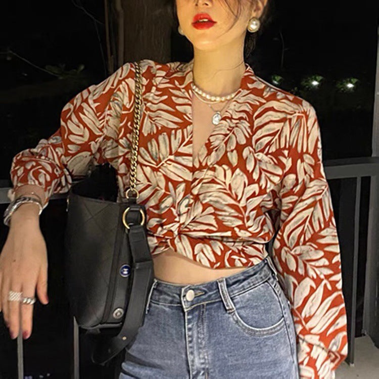 Printed V-neck Cross-tie Bow Shirt