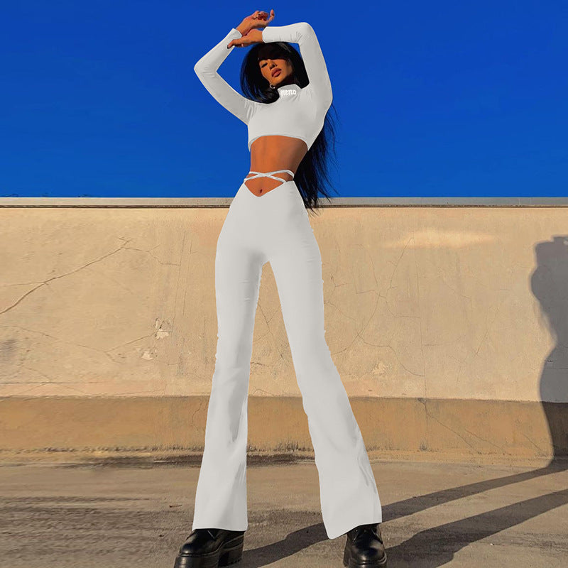 Women's V-Shaped Waist Cropped Navel Cross Strap Solid Color Flared Casual Pants