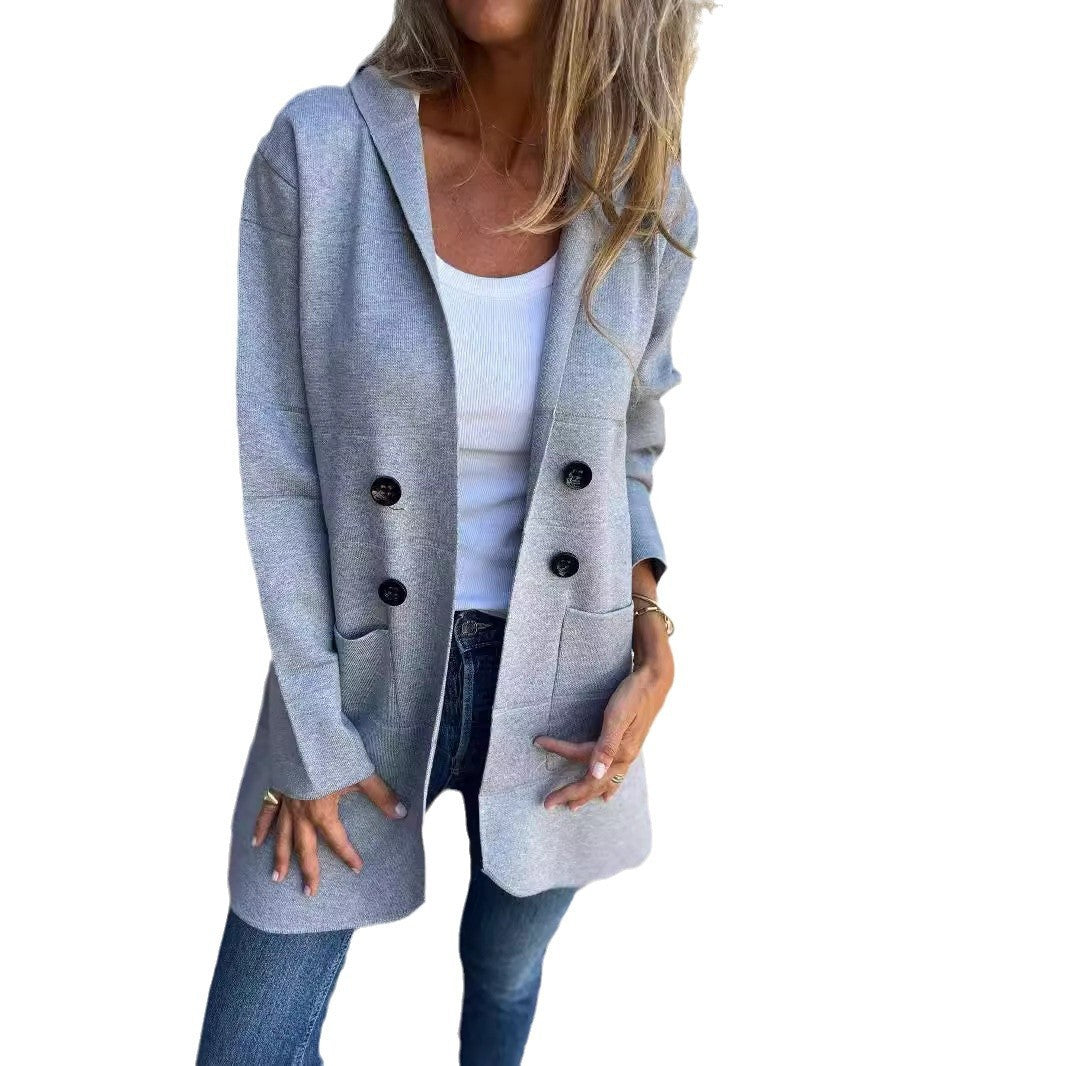 Solid Color Hooded Casual Button Trench Coat