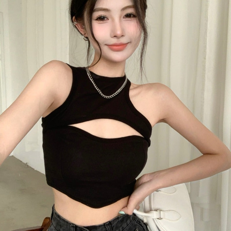 Tight Fake Two-piece Vest With Chest Pad Top Round Neck Women