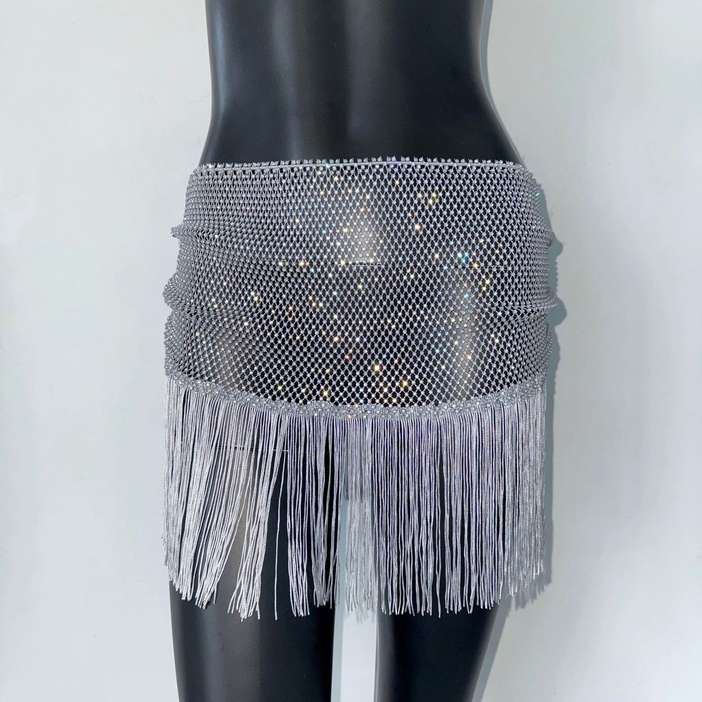 Half-length Tassel Stitching Fishnet Rhinestone Elastic Skirt