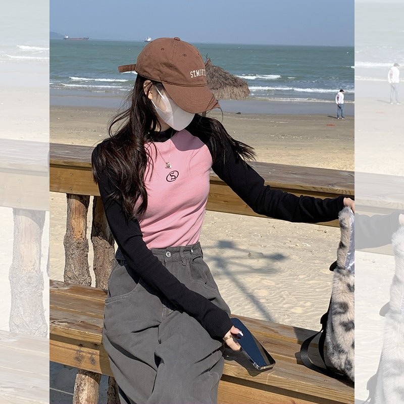 Women's Shoulder Short Long Sleeved Fitted T-shirt