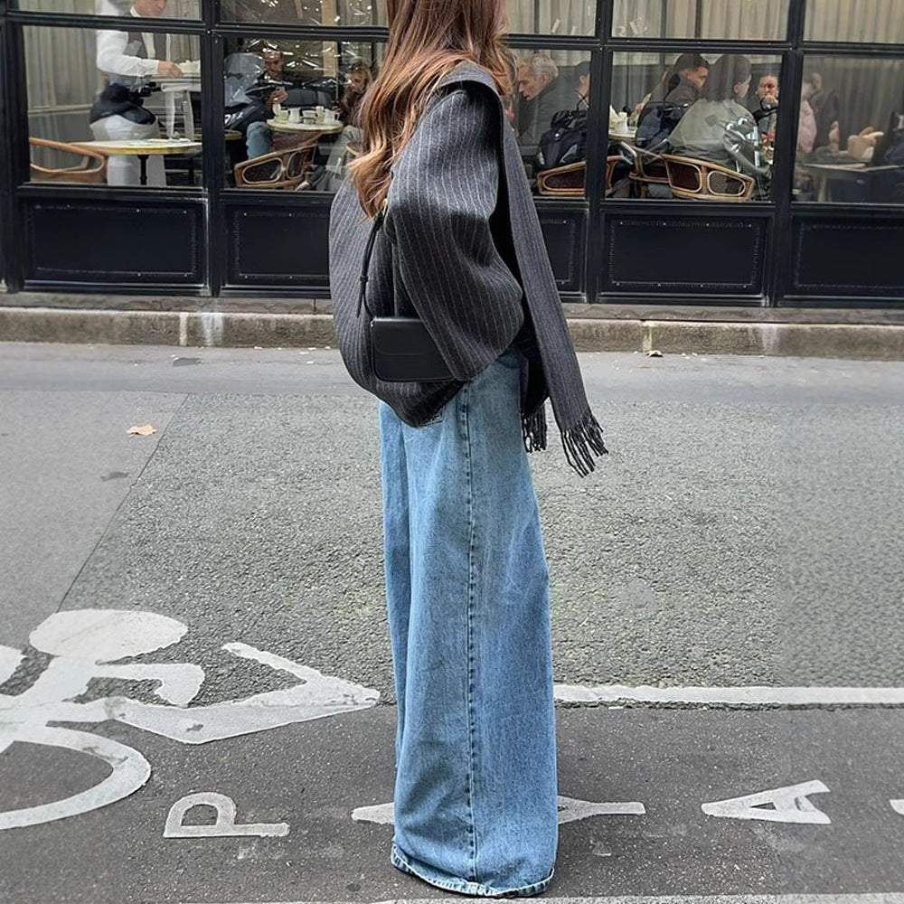 Stripe With Tassel Scarf Collar Blended Woolen Coat