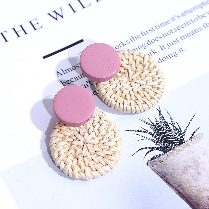 Women's Wooden Rattan Geometric Round Boho Earrings