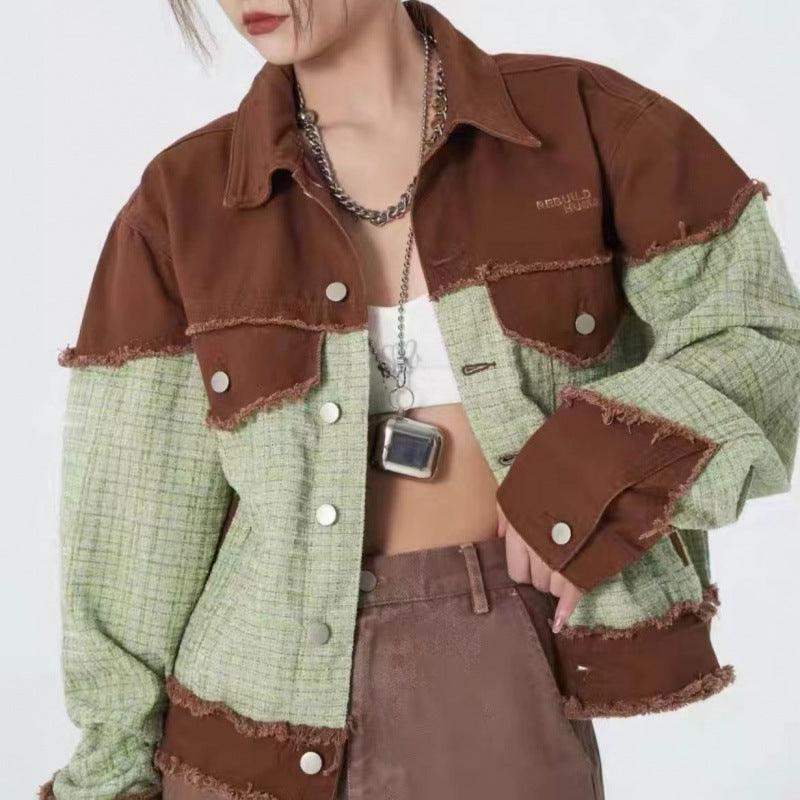 Denim Short Hot Girl With Tweed Splicing