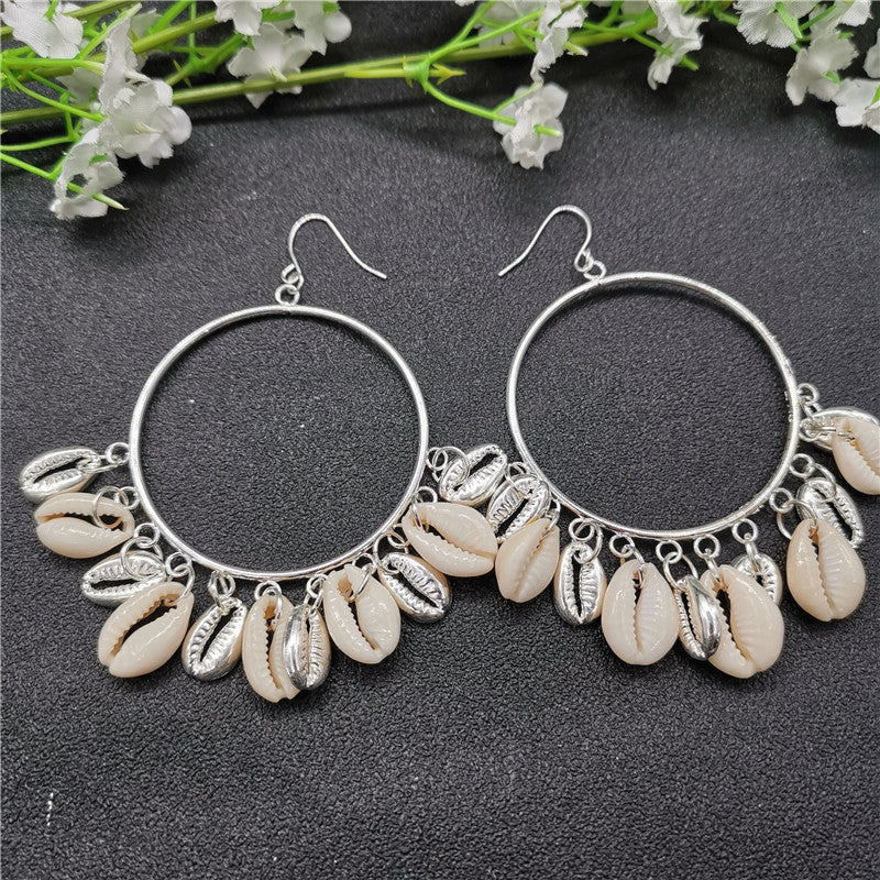 Boho Style Natural Shell Earrings Circle Tassel Pendant Earrings