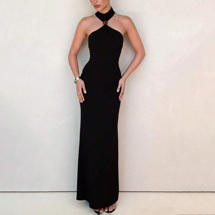 Temperament High Collar Halter Sleeveless Backless Slim Fit Dress Women