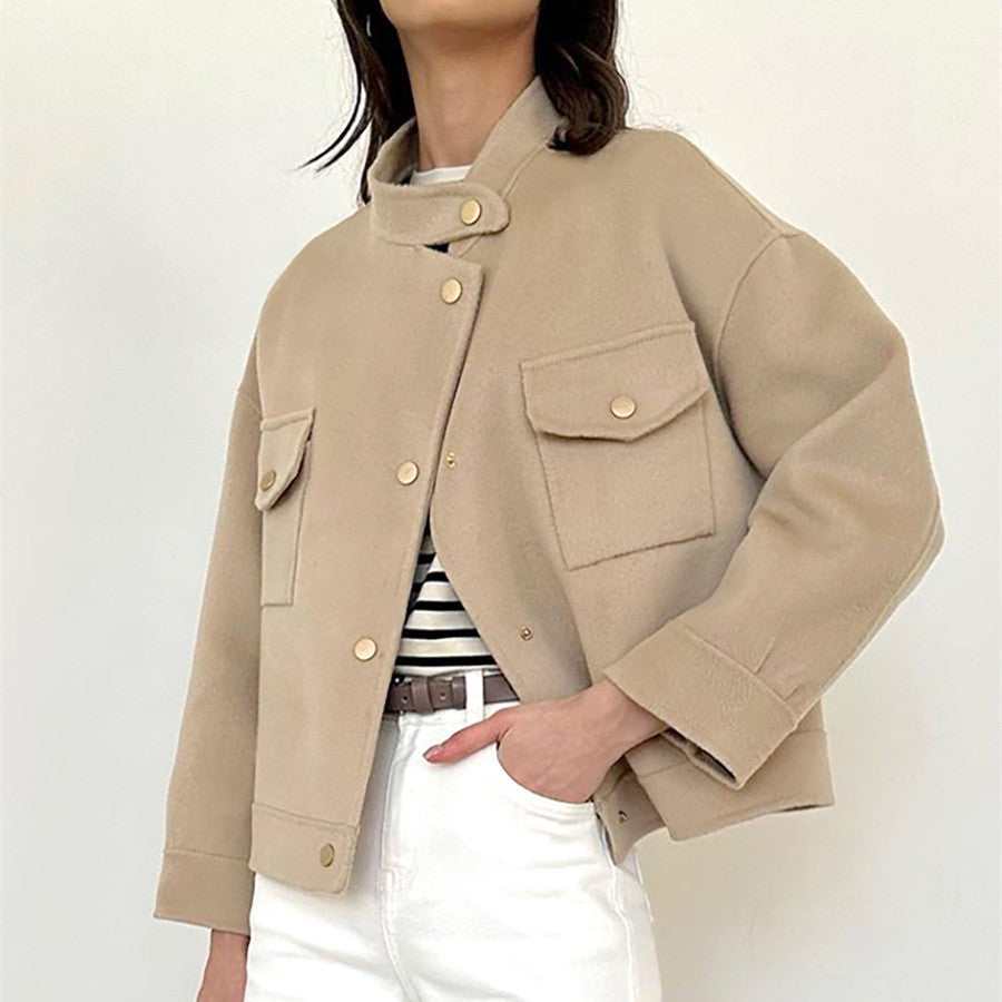 Stand Collar Design Women Loose Autumn And Winter Woolen Coat