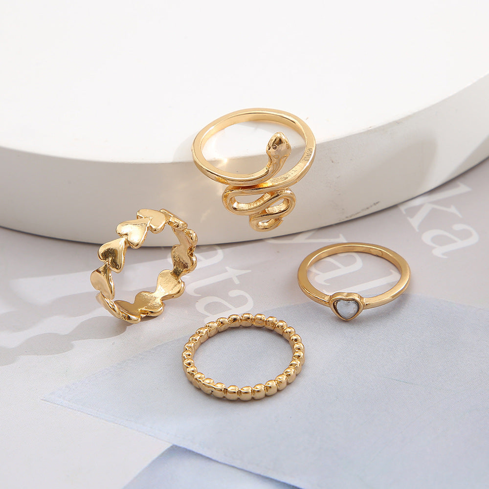 Boho Vintage Gold Geometric Emerald Statement Ring Set