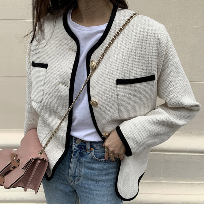 French Round Neck Trim Contrast Color Chic Single-breasted Loose Multi-pocket Design Short Jacket Women
