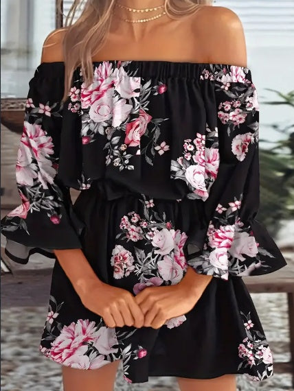 Boho Leaf Graphic Print Off Shoulder Dress, Sexy Backless Ruffle Sleeve Dress For Spring & Summer, Women's Clothing