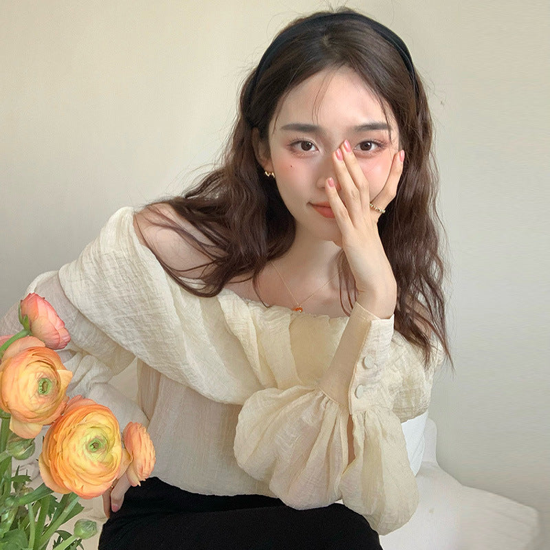 Spring Gentle Elegant Boat-neck Off-the-shoulder Design Loose Puff Sleeves Chiffon Shirt Top For Women