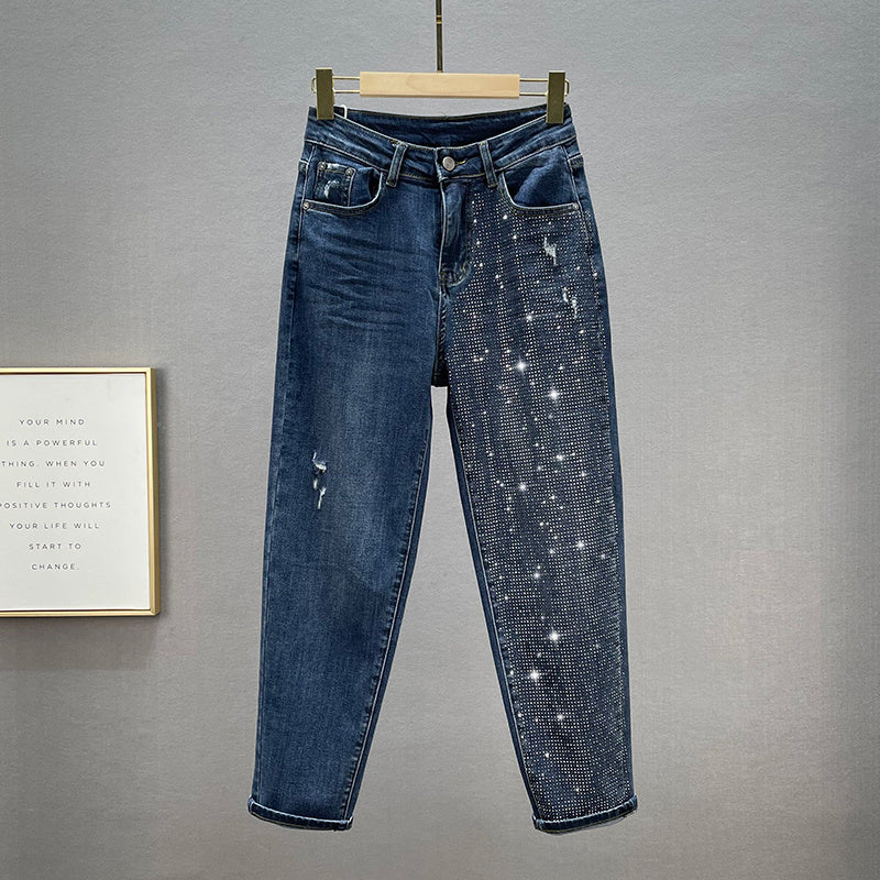 Loose Jeans Women's Cotton Elastic High Waist Slimming Hot Rhinestones