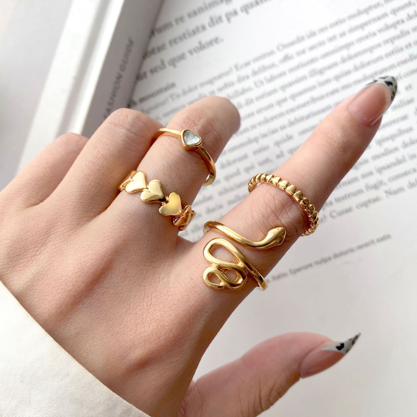Boho Vintage Gold Geometric Emerald Statement Ring Set