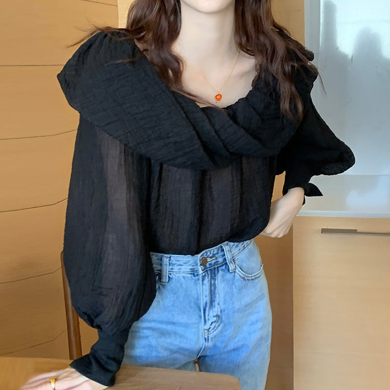 Spring Gentle Elegant Boat-neck Off-the-shoulder Design Loose Puff Sleeves Chiffon Shirt Top For Women