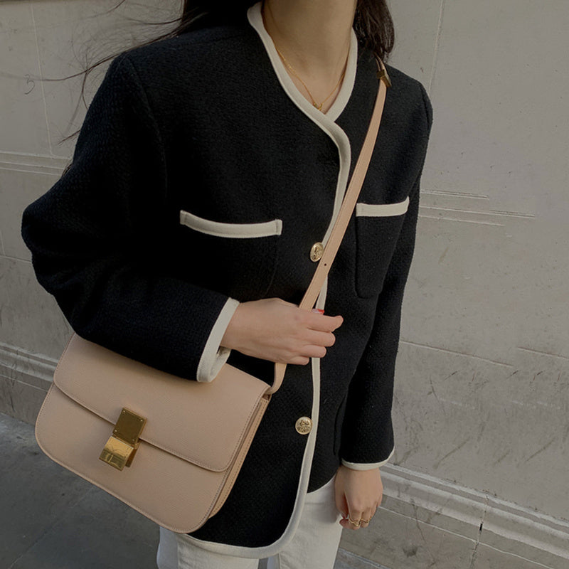 French Round Neck Trim Contrast Color Chic Single-breasted Loose Multi-pocket Design Short Jacket Women