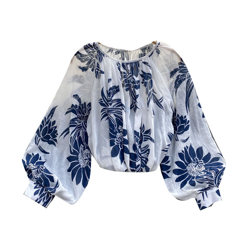 Ins Holiday Style Pullover Shirt Women Western Style Puff Sleeves