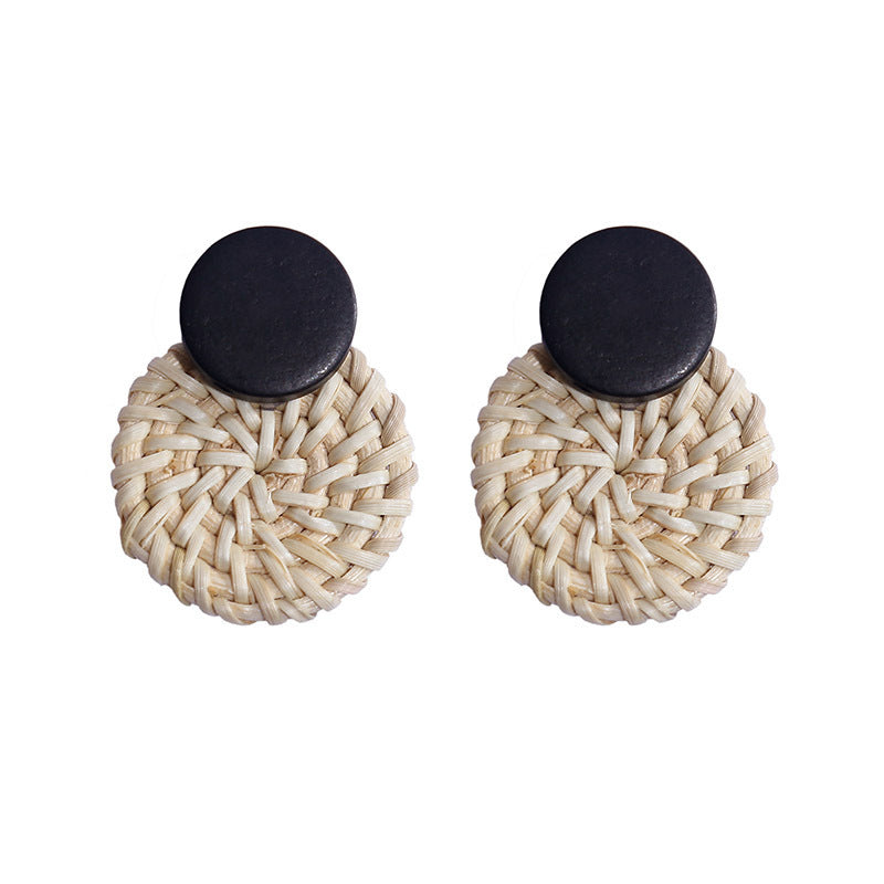 Women's Wooden Rattan Geometric Round Boho Earrings