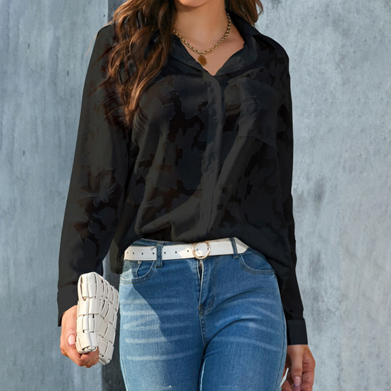 Womens Casual Sheer Button Down Shirts Long Sleeve V Neck Jacquard Blouses Tops