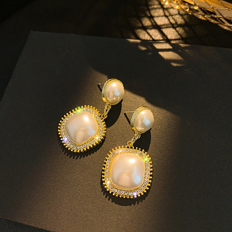 Square Pearl Earrings Temperament All-match Diamond Geometric Women