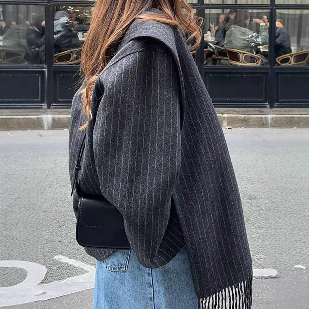 Stripe With Tassel Scarf Collar Blended Woolen Coat