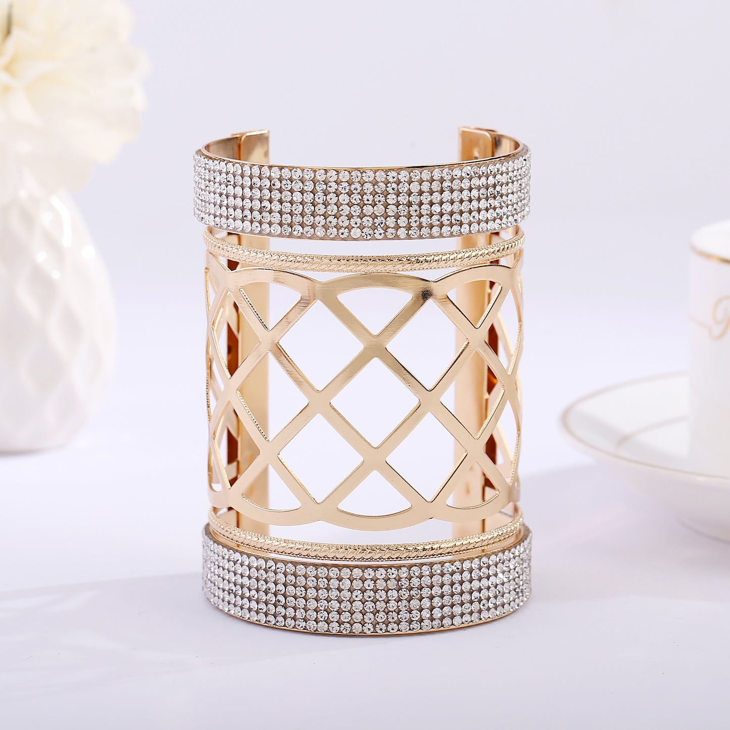 Iron Leather With Diamonds Personality Hollow Super Wide Bracelet
