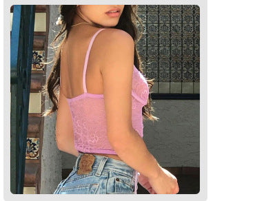 Lace-paneled Lace Mesh V-neck Open-back Camisole Women's Top