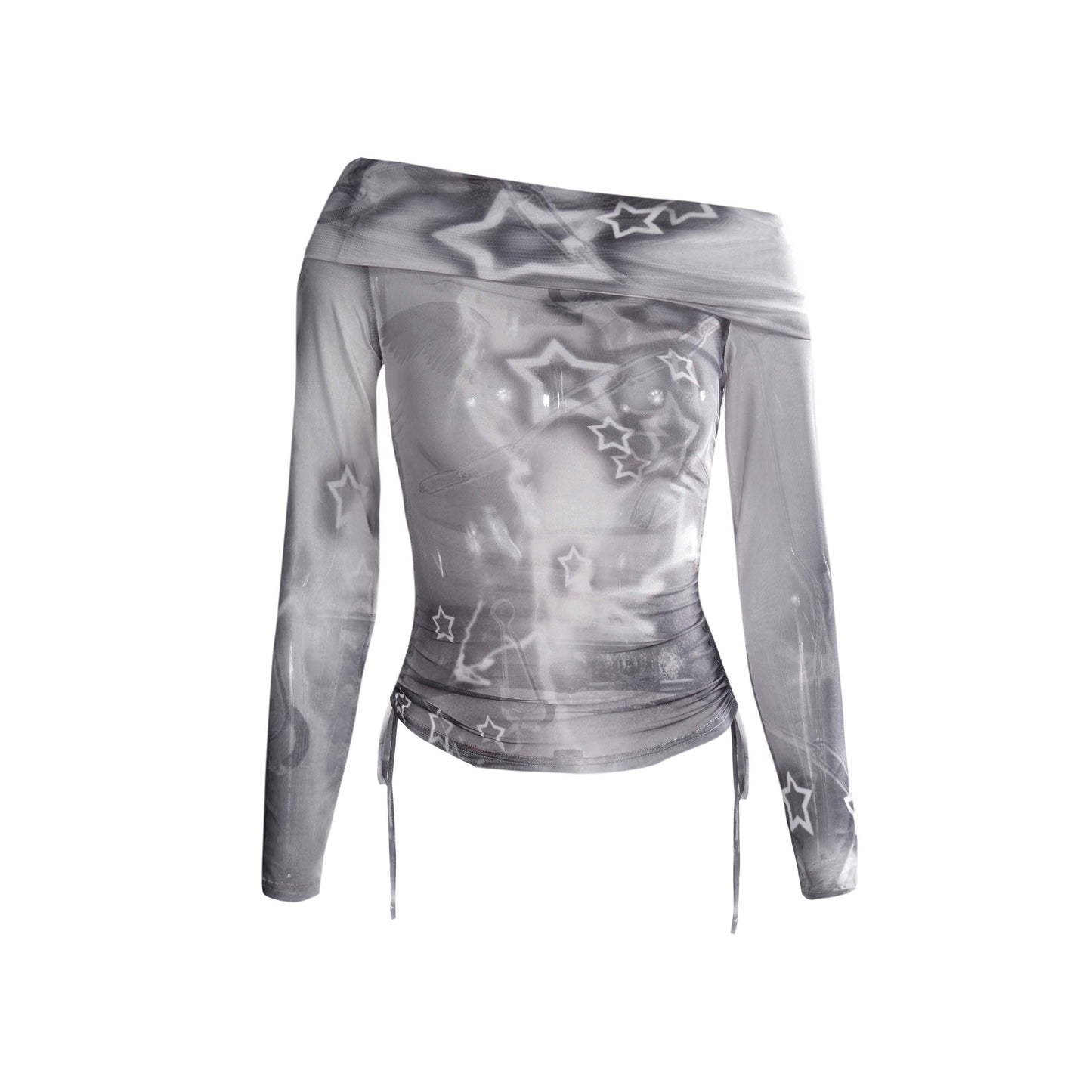 Sun-proof Off-shoulder Long Sleeve Mesh Blouse Women's Off-the-shoulder Short Top