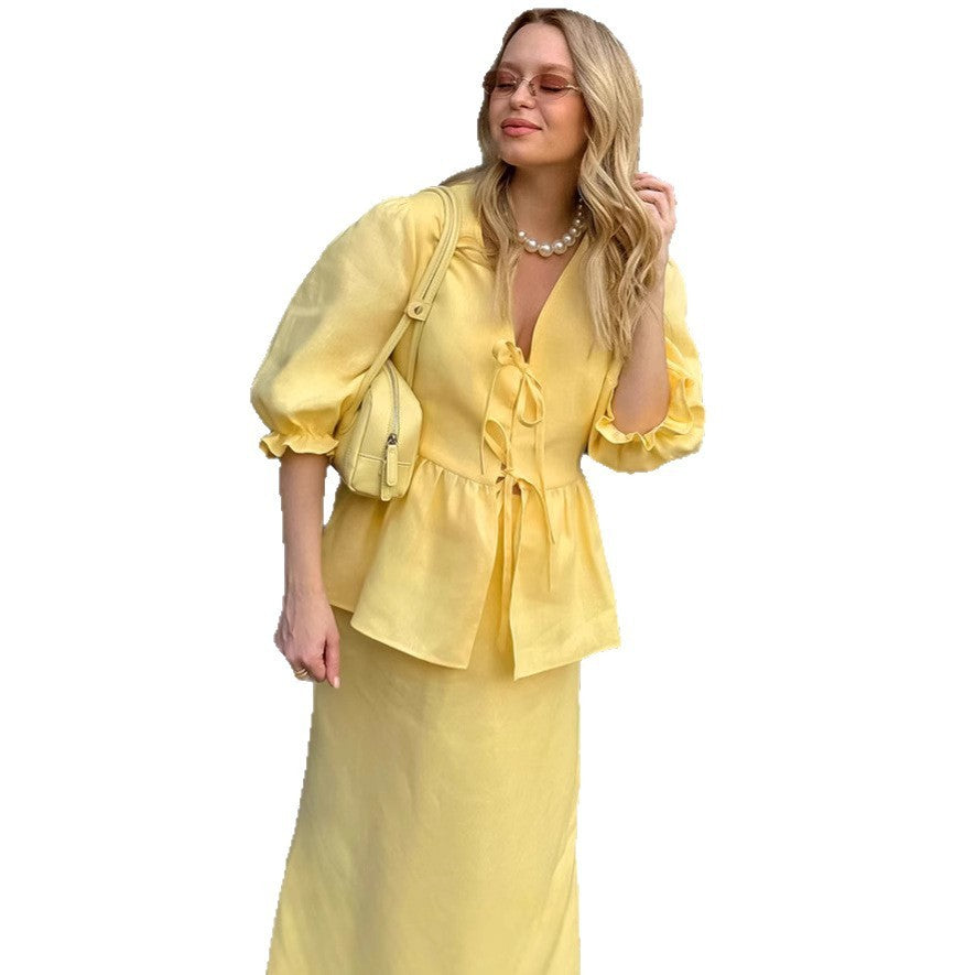 Pleated Lace-up Top Puff Sleeve Skirt