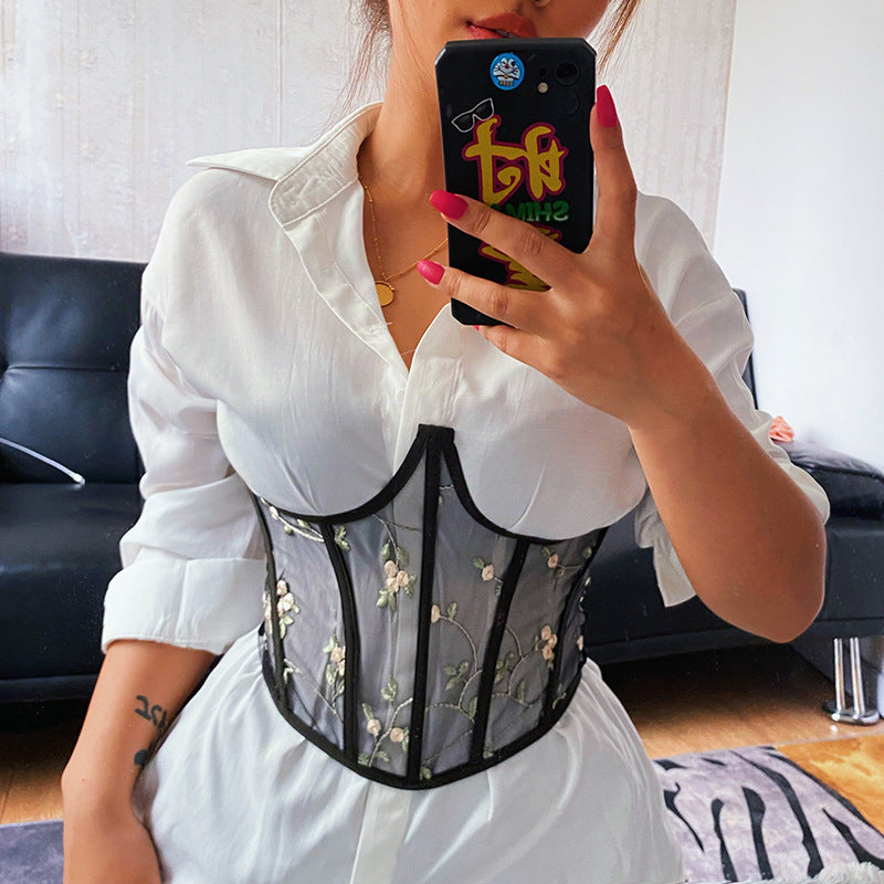 Mesh Embroidered Bouquet Waist  Slim Fit Belt Girdle