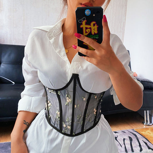 Mesh Embroidered Bouquet Waist  Slim Fit Belt Girdle