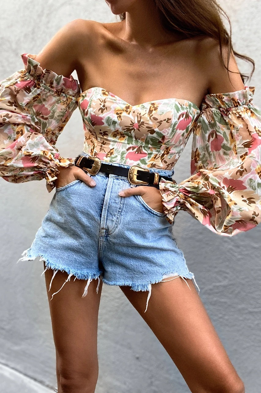 Sexy Off-shoulder Wrapped Chest Printed Lantern Sleeve Chiffon Shirt Blouse