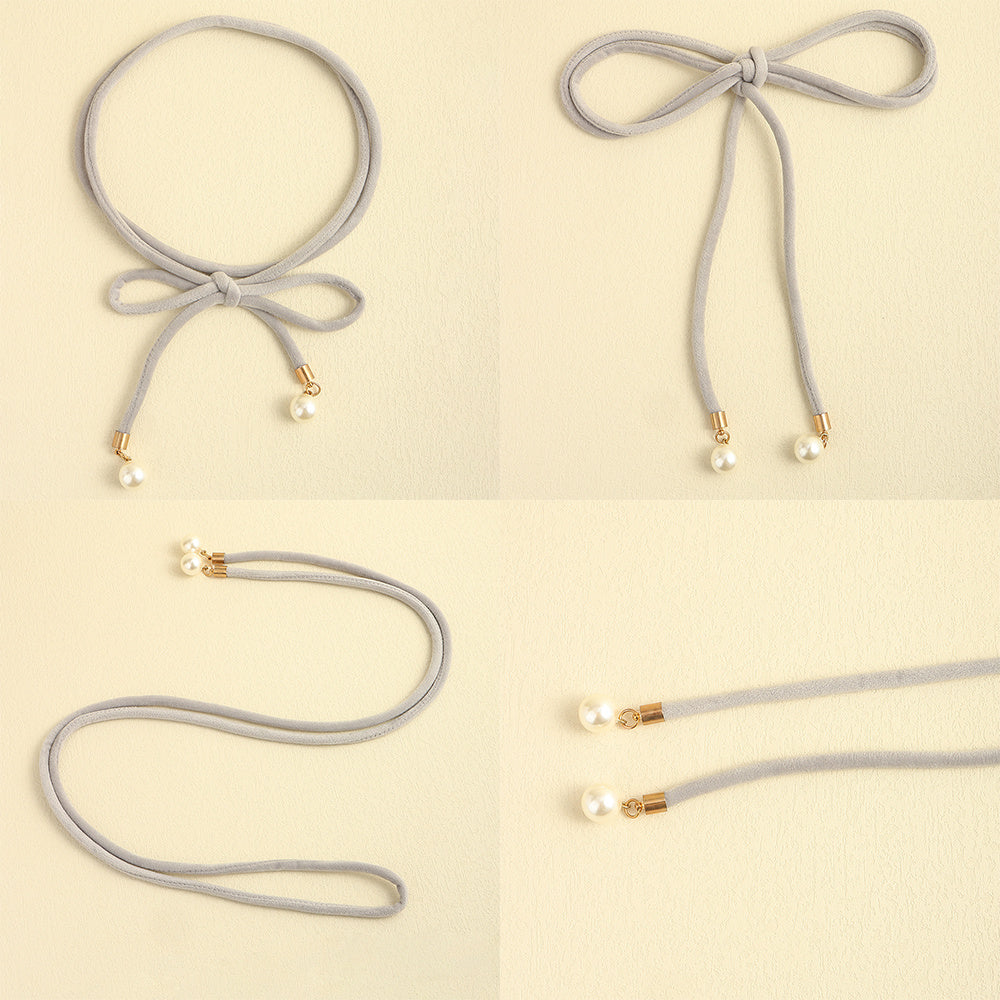 Simple Lady Velvet Bow Thin Waist With Pearl Pendant Multi-color Cute Sweet Waist Belt Chain