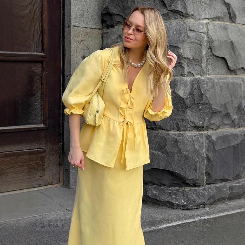 Pleated Lace-up Top Puff Sleeve Skirt