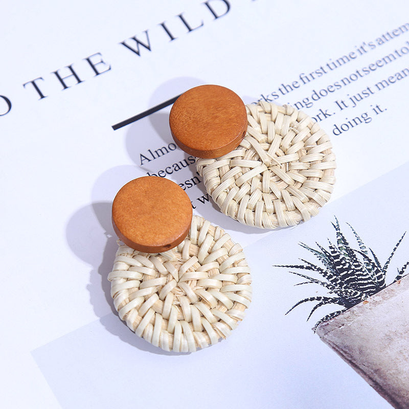Women's Wooden Rattan Geometric Round Boho Earrings