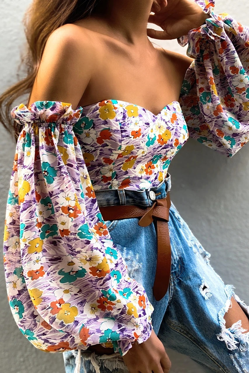 Sexy Off-shoulder Wrapped Chest Printed Lantern Sleeve Chiffon Shirt Blouse