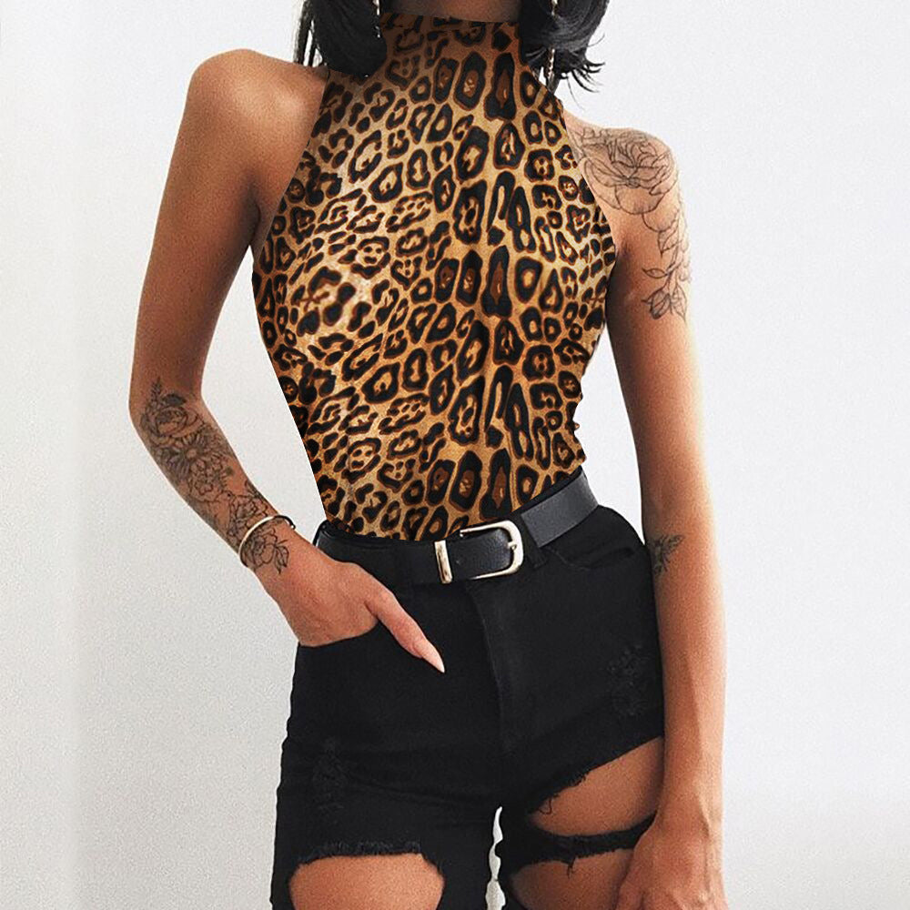 Leopard-print turtleneck sleeveless bodysuit