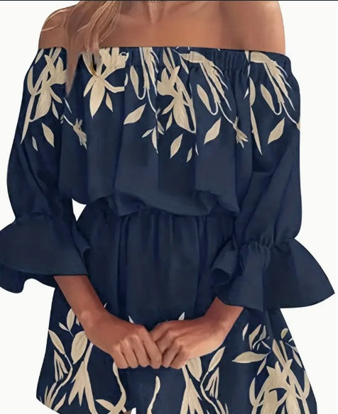 Boho Leaf Graphic Print Off Shoulder Dress, Sexy Backless Ruffle Sleeve Dress For Spring & Summer, Women's Clothing